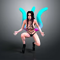 Woman With Black Hair In Black Bikini And Blue Purple Wings Crouching Against Gray Background