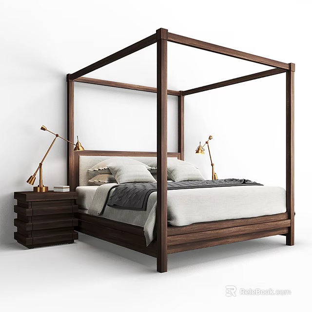 Modern Four Poster Double Bed With Wooden Frame And Nightstand Table Lamps 3d model 
