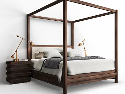 Modern Four Poster Double Bed With Wooden Frame And Nightstand Table Lamps 3d model