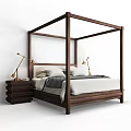 Modern Four Poster Double Bed With Wooden Frame And Nightstand Table Lamps