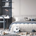 Modern Kids Room Interior with Bed Stuffed Toys Desk Shelves and Toys on Rug