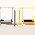 Colorful Metal Playground Equipment Swings With Yellow And Gray Barrel Shaped Seats And Chain Hangers