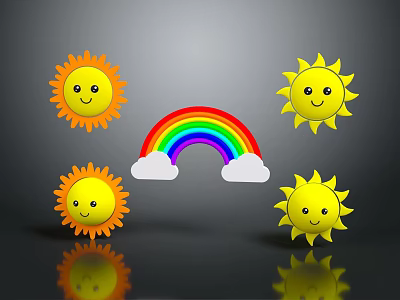 Decorative Ornament Set with Smiling Sun Figures Rainbow and White Clouds 3d model