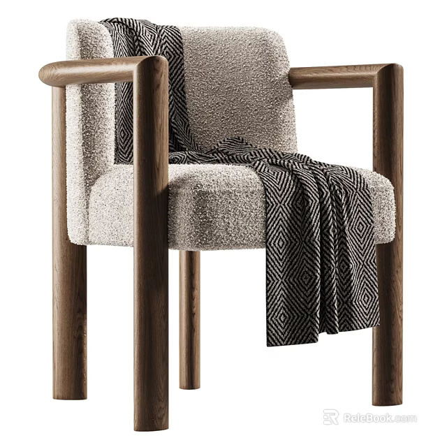 Modern Solid Wood Frame Cozy Upholstered Dining Armchair With Stylish Geometric Pattern Decorative Throw Blanket 3d model 