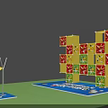 Yellow Cube Structure With Red Patterns On Blue Platform And Small Figures 3d model