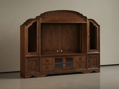 Vintage Wooden TV Cabinet With Arched Top Drawers And Glass Doors 3d model