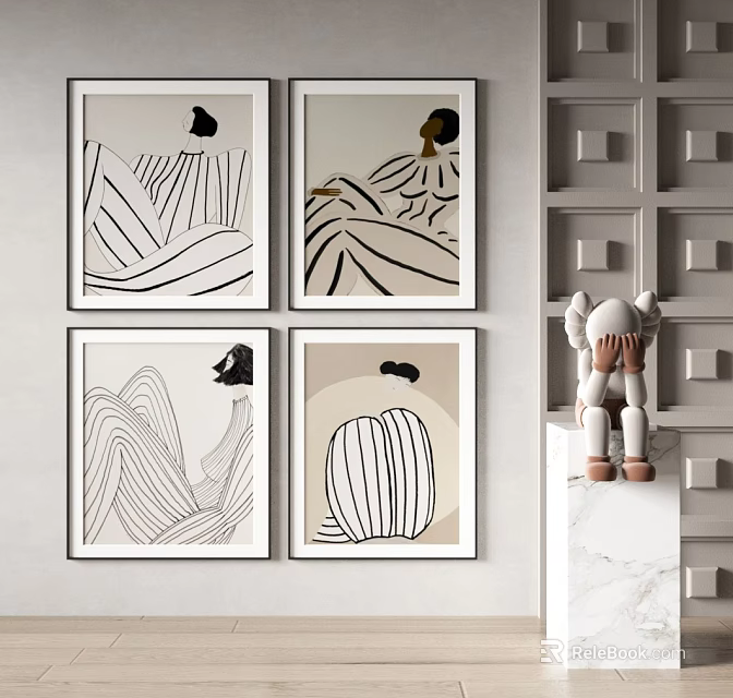 Modern Abstract Wall Art With Geometric Patterns And Stuffed Figurine 3d model