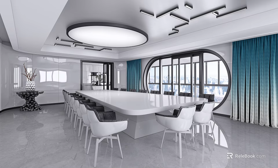 Modern Conference Room Interior With Circular Windows White Table And Chairs Blue Curtains And Chandelier 3d model 