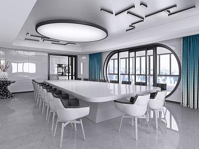 Modern Conference Room Interior With Circular Windows White Table And Chairs Blue Curtains And Chandelier 3d model