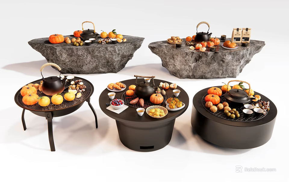 Autumn Outdoor Setup With Teapots Fruits On Stone Metal Tables 3d model 