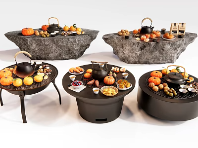 Autumn Outdoor Setup With Teapots Fruits On Stone Metal Tables 3d model