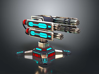 Futuristic Multi Barrel Weapon With Blue Red Glowing Lights And Stable Metallic Base 3d model
