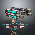 Futuristic Multi Barrel Weapon With Blue Red Glowing Lights And Stable Metallic Base