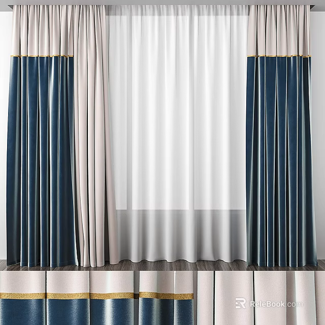 Modern Double Layer Curtains with Navy Blue Beige Panels and White Sheer for Home Decor 3d model 