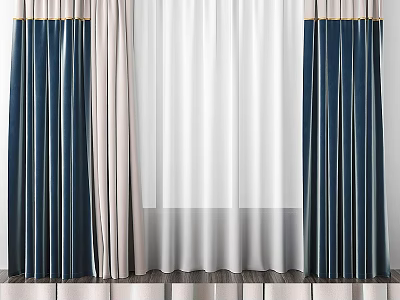 Modern Double Layer Curtains with Navy Blue Beige Panels and White Sheer for Home Decor 3d model