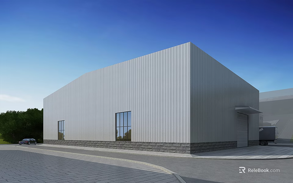 White Industrial Warehouse With Corrugated Metal Exterior Stone Base Windows Green Trees And Blue Sky 3d model 