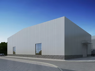 White Industrial Warehouse With Corrugated Metal Exterior Stone Base Windows Green Trees And Blue Sky 3d model