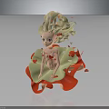 Fantasy Female Character With Golden Curly Flowing Hair Green Red Petal Dress And Floating Fragments