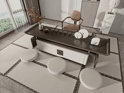 Modern Tea Table And Chairs With Tea Sets Round Stools On Decorative Rug By Window 3d model