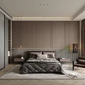 Modern Bedroom Interior With Wooden Wall Bed Nightstands Floor Lamp Area Rug And Curtains