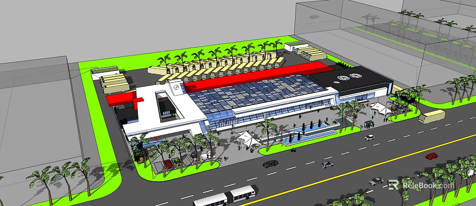 Modern Commercial Building With Glass Roof Palm Trees Parking Road Vehicles And Plaza 3d model 