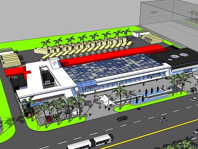 Modern Commercial Building With Glass Roof Palm Trees Parking Road Vehicles And Plaza 3d model