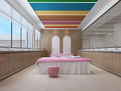 SPA Sauna Interior Design Featuring Colorful Striped Ceiling Wooden Walls And Pink Padded Massage Beds 3d model