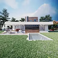 Modern Detached Villa Exterior With Swimming Pool Large Windows Lawn And Trees