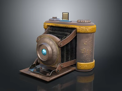 Vintage Folding Camera Equipment With Brass Body Yellow Trim Intricate Carved Patterns And Blue Lens 3d model
