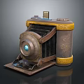 Vintage Folding Camera Equipment With Brass Body Yellow Trim Intricate Carved Patterns And Blue Lens