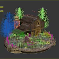 Cartoon Scene With Wooden Barn Pine Trees Water Tower Stones Hay And Fence