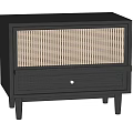 Dark Brown Wooden Bedside Table With Woven Rattan Panel Drawer And Tapered Legs