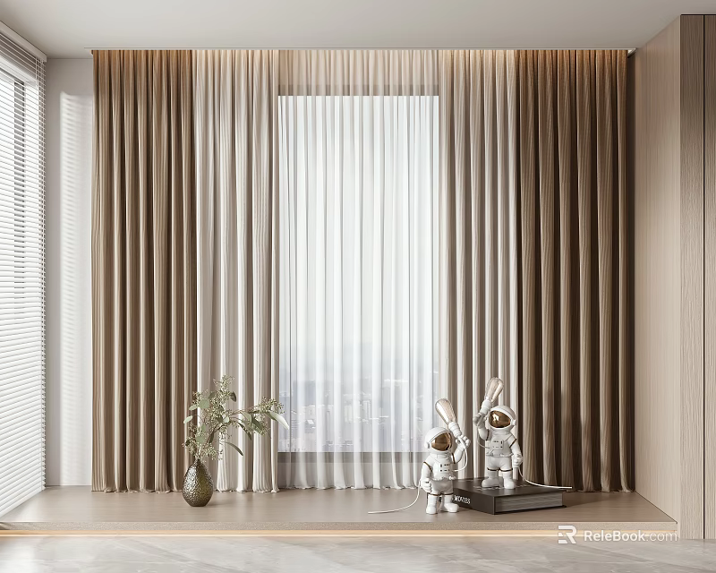Elegant Modern Curtains With Sheer Fabric And Window Sill Green Plant Decor 3d model 