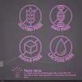 Colorful Neon Lamp Set Featuring Gluten Free GMO Free Sugar Free Lactose Free Signs