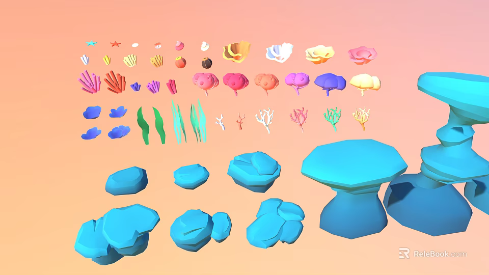 Colorful Marine Elements with Various Shells Corals and Blue Stones on Orange Background 3d model 