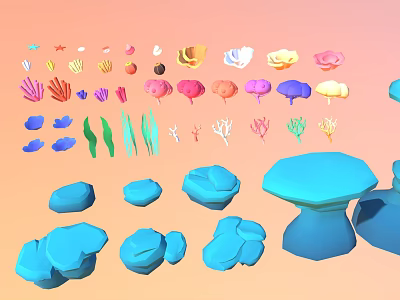 Colorful Marine Elements with Various Shells Corals and Blue Stones on Orange Background 3d model
