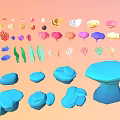 Colorful Marine Elements with Various Shells Corals and Blue Stones on Orange Background
