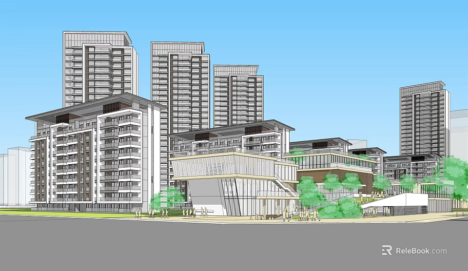 Modern High Rise And Low Rise Residential Buildings With Greenery And Blue Sky 3d model 