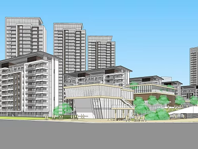 Modern High Rise And Low Rise Residential Buildings With Greenery And Blue Sky 3d model