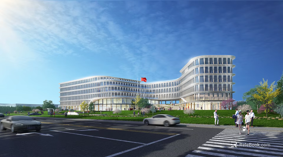 Modern Office Building With Glass Curtain Walls Green Surroundings Red Flag Cars And Pedestrians 3d model 