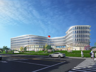 Modern Office Building With Glass Curtain Walls Green Surroundings Red Flag Cars And Pedestrians 3d model