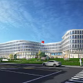 Modern Office Building With Glass Curtain Walls Green Surroundings Red Flag Cars And Pedestrians