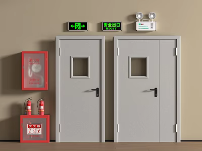 Interior With Double Gray Doors Small Windows Red Fire Equipment And Safety Alarms 3d model