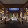 Spacious Restaurant Interior Design With Wooden Ceiling Large Windows Tables Chairs Green Plants And Lighting