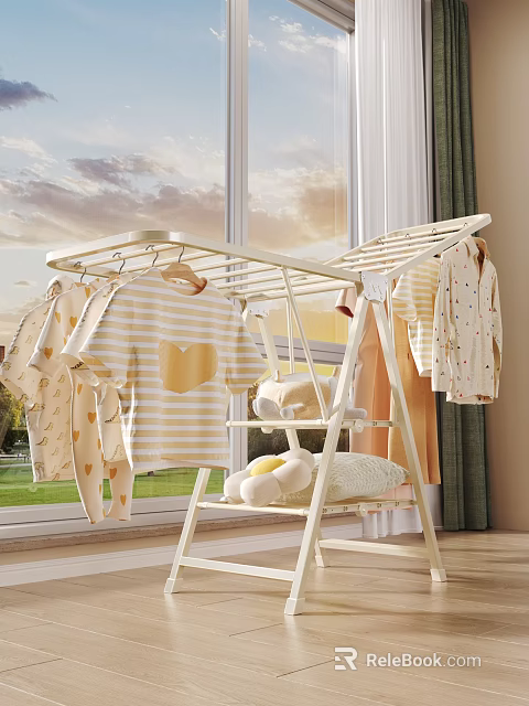 Indoor Clothes Drying Rack With Baby Clothes Striped T-shirt And Plush Toys In Natural Light 3d model 