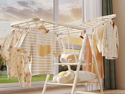 Indoor Clothes Drying Rack With Baby Clothes Striped T-shirt And Plush Toys In Natural Light 3d model