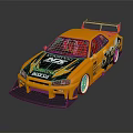Orange Modified Race Car With TOP SECRET R34 Livery Large Rear Spoiler And Sport Wheels