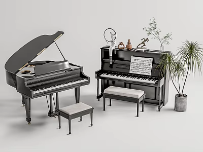 Musical Instruments and Art Supplies Featuring Black Grand Upright Pianos Stools Sheet Music and Plants 3d model