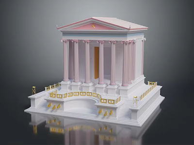 Classical Style Building With Pink Roof White Columns Steps And Golden Decorations 3d model