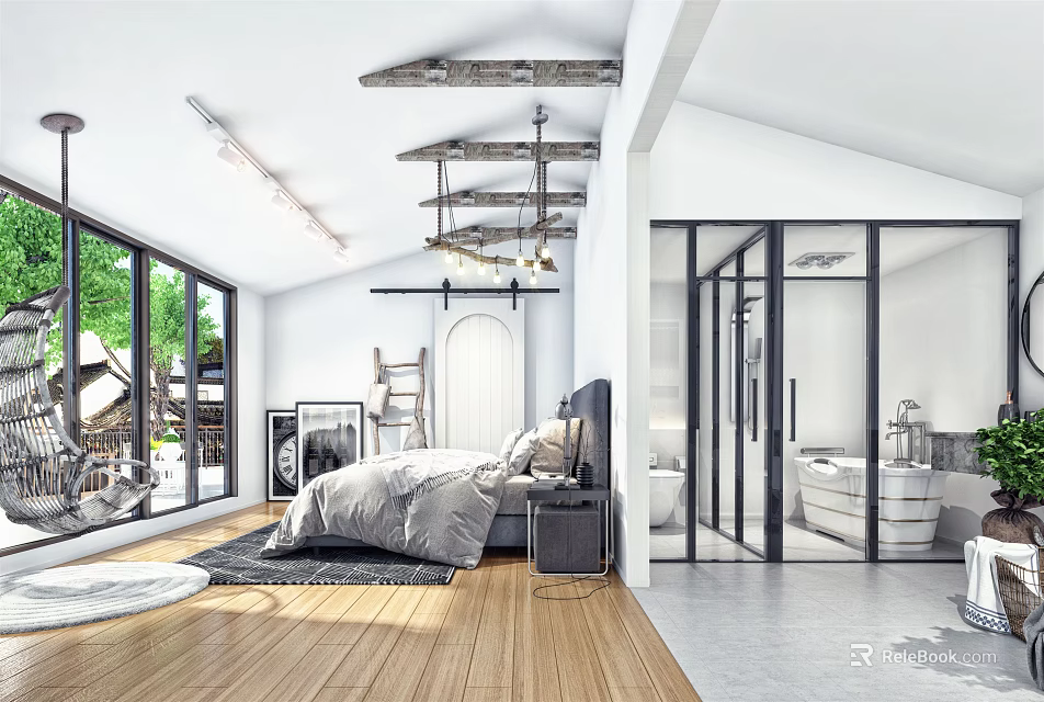Modern Hotel Guest Room With Large Windows Wooden Floor And Glass Door Bathroom 3d model 